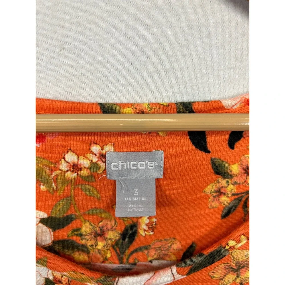 Chico's Floral Botanical Orange Womens XL 3/4 Sleeve V-Neck Slub Knit Top